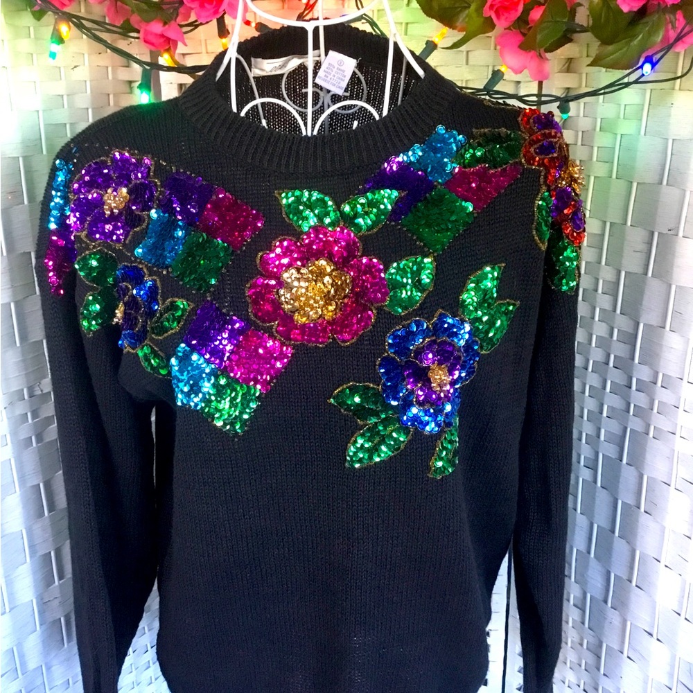 🌸 See New Listing 🌺  Sequin Sweater Vintage  Holiday Bead Oversize S  Small - Picture 3 of 14